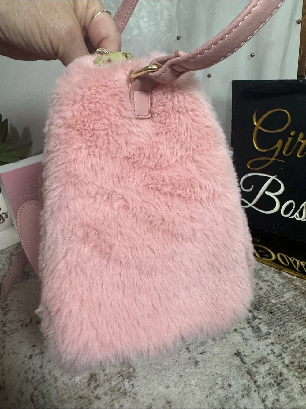 Juicy Couture Soft Pink Taffy Faux Fur Satchel with Heart Tag
